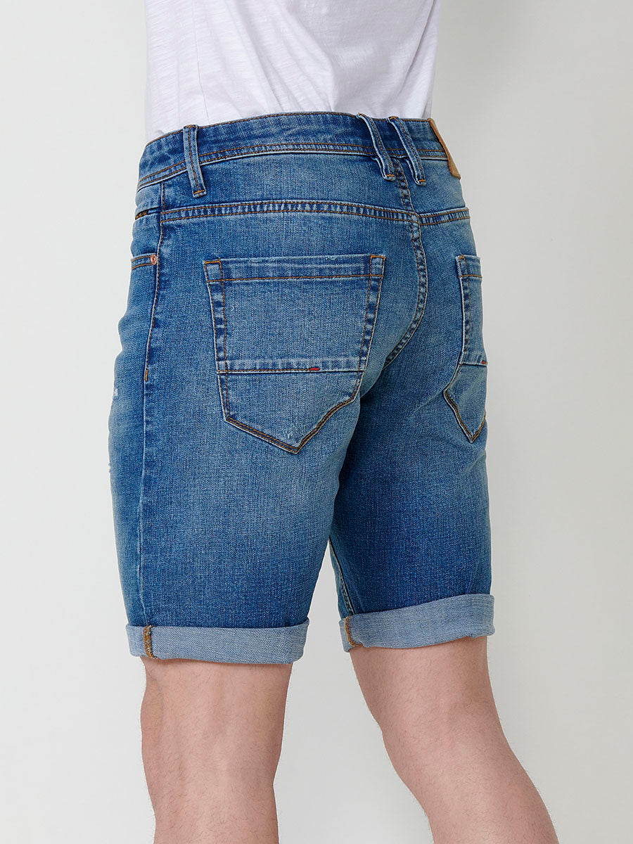 Bermuda Vaquera Hombre Regular Efecto Lavado Rotos – Koroshi Azul Claro