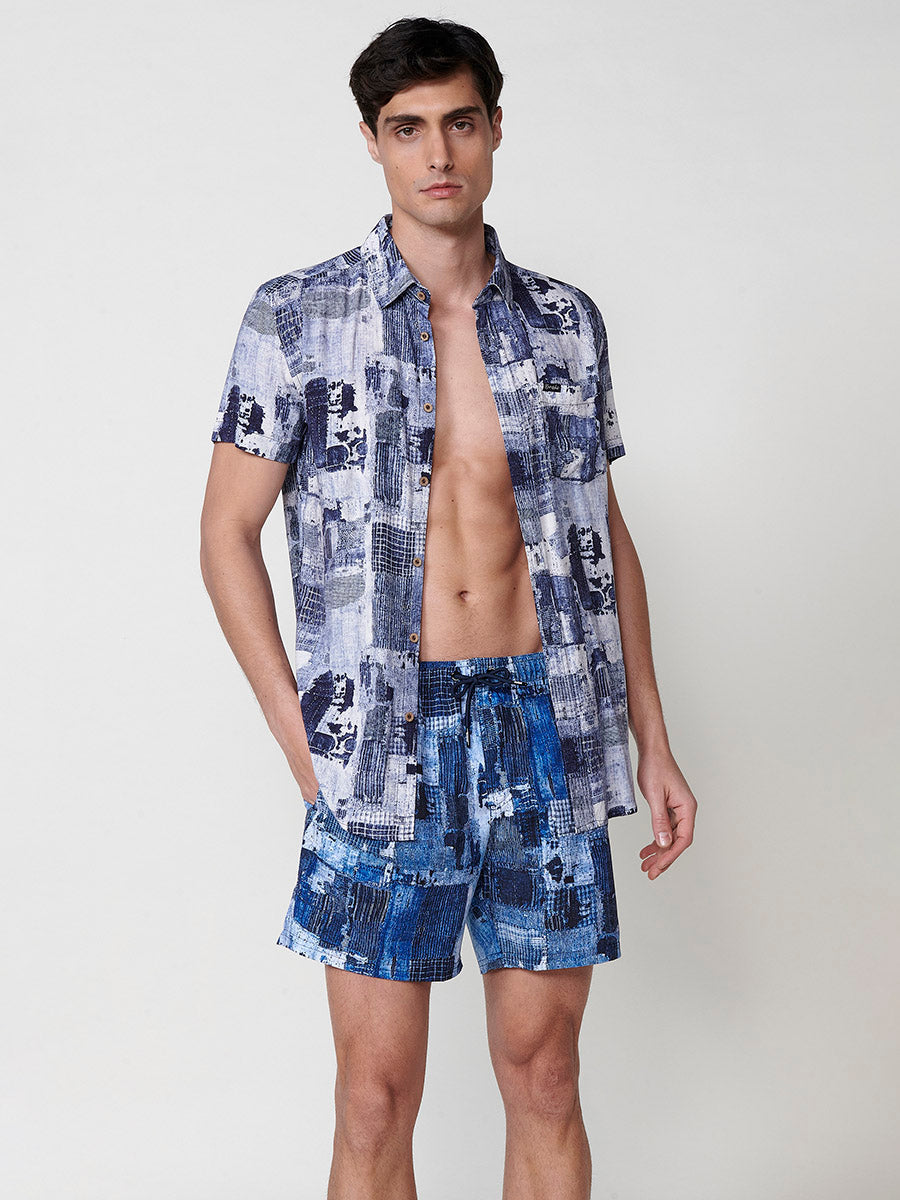 Bañador Hombre Corto Estampado Patchwork Azul – Koroshi