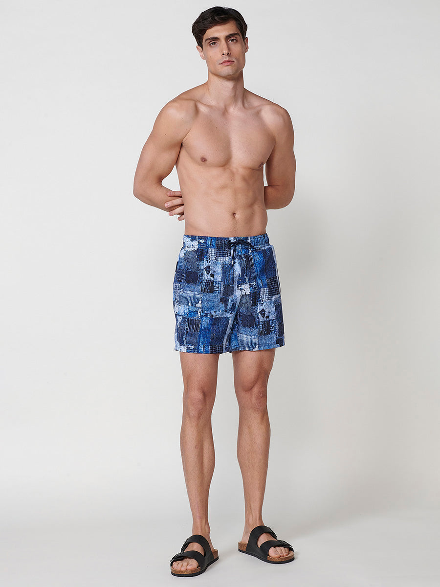 Bañador Hombre Corto Estampado Patchwork Azul – Koroshi