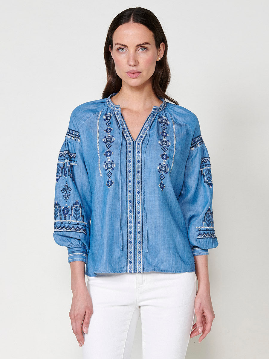 Blusa Mujer Efecto Denim Bordado Étnico – Koroshi Azul