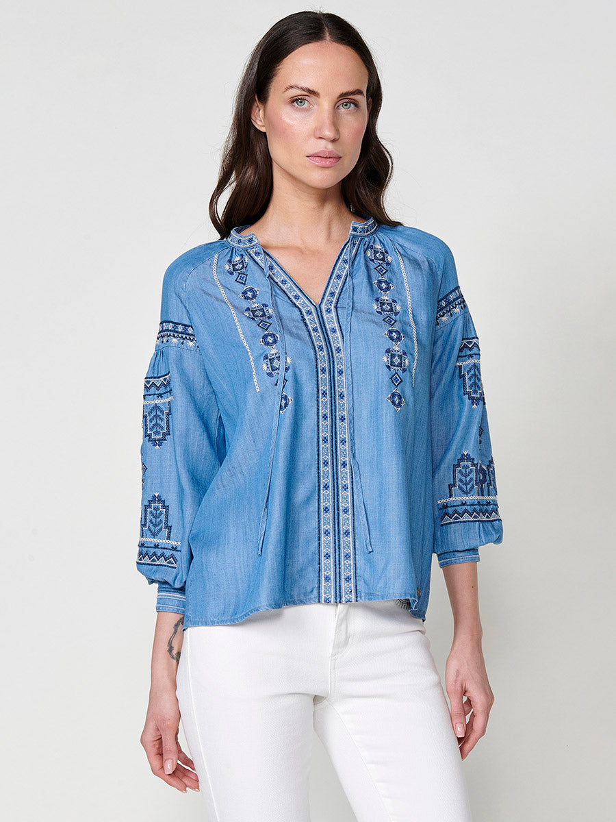 Blusa Mujer Efecto Denim Bordado Étnico – Koroshi Azul
