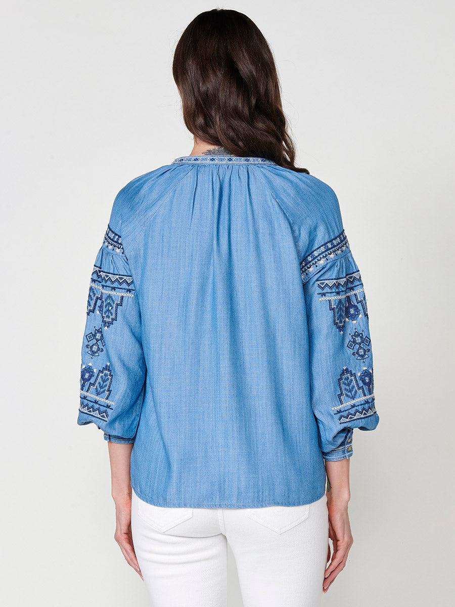 Blusa Mujer Efecto Denim Bordado Étnico – Koroshi Azul