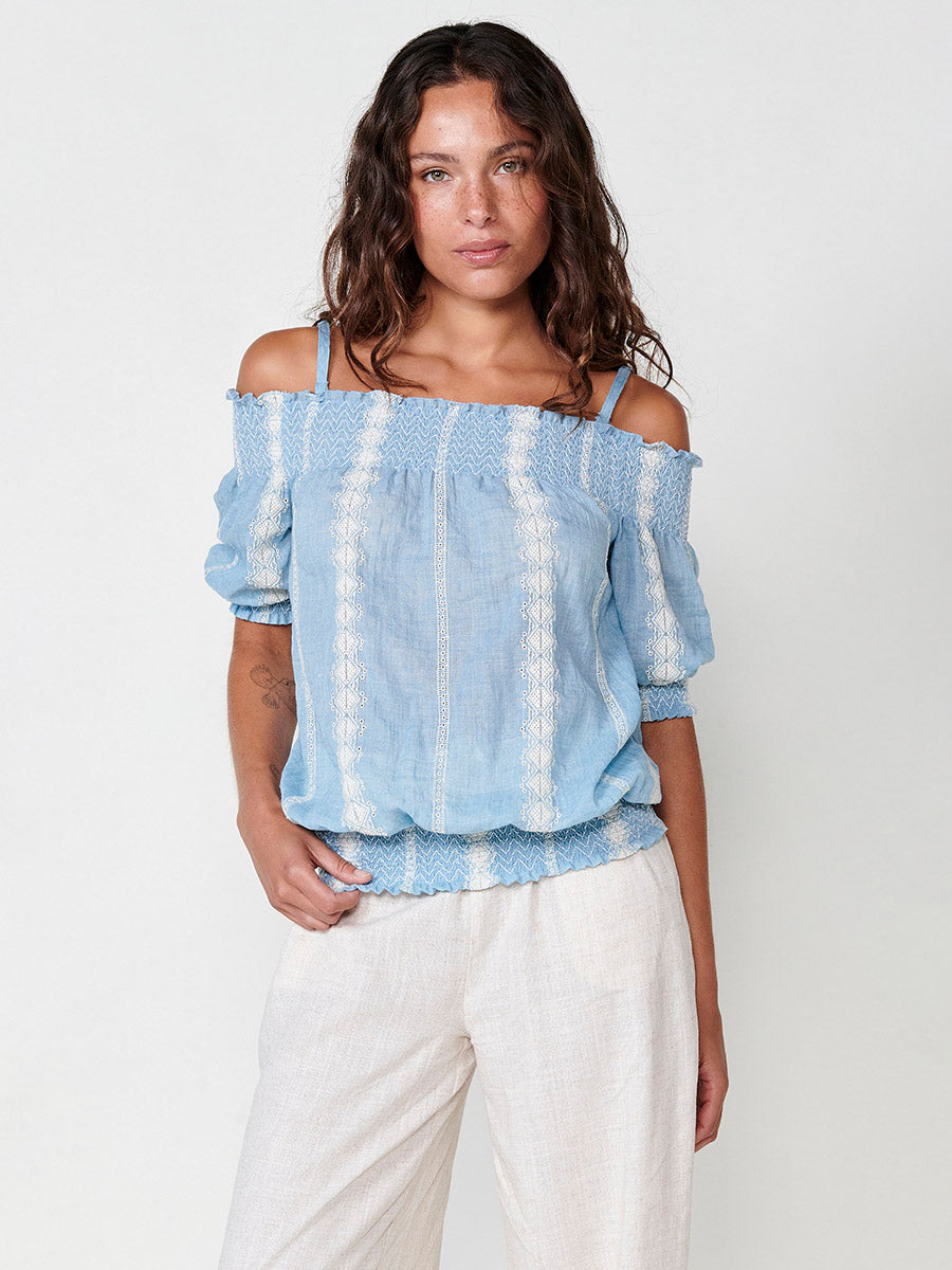 Blusa Mujer Hombros Descubiertos Bordada – Koroshi Azul