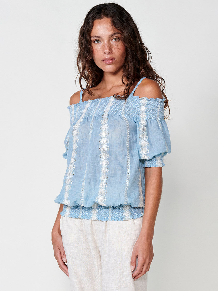 Blusa Mujer Hombros Descubiertos Bordada – Koroshi Azul