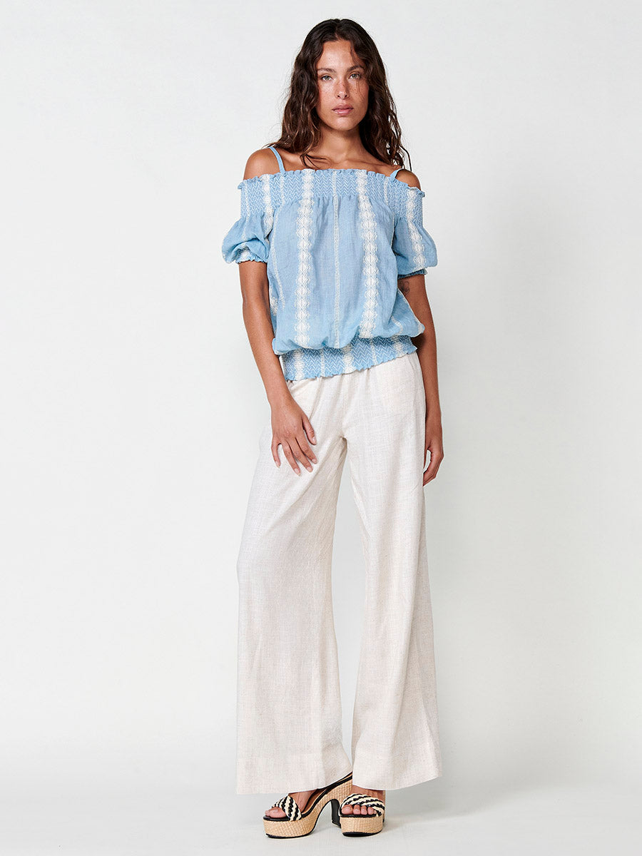 Blusa Mujer Hombros Descubiertos Bordada – Koroshi Azul