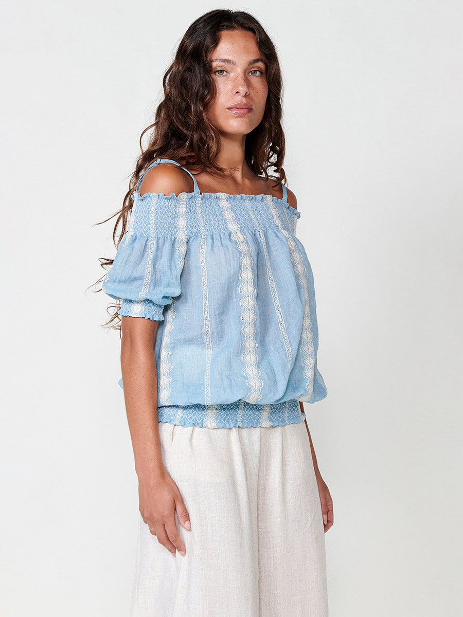 Blusa Mujer Hombros Descubiertos Bordada – Koroshi Azul