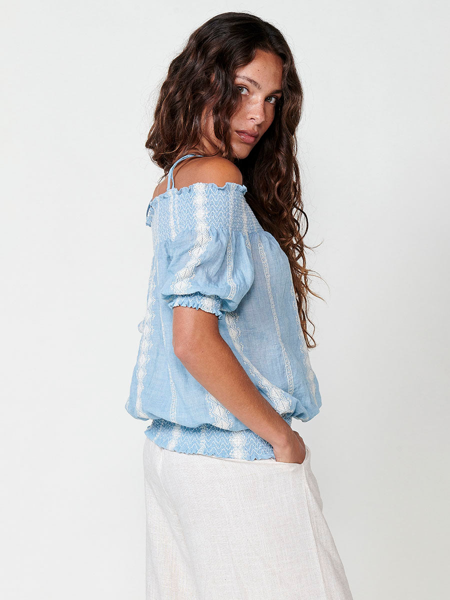 Blusa Mujer Hombros Descubiertos Bordada – Koroshi Azul