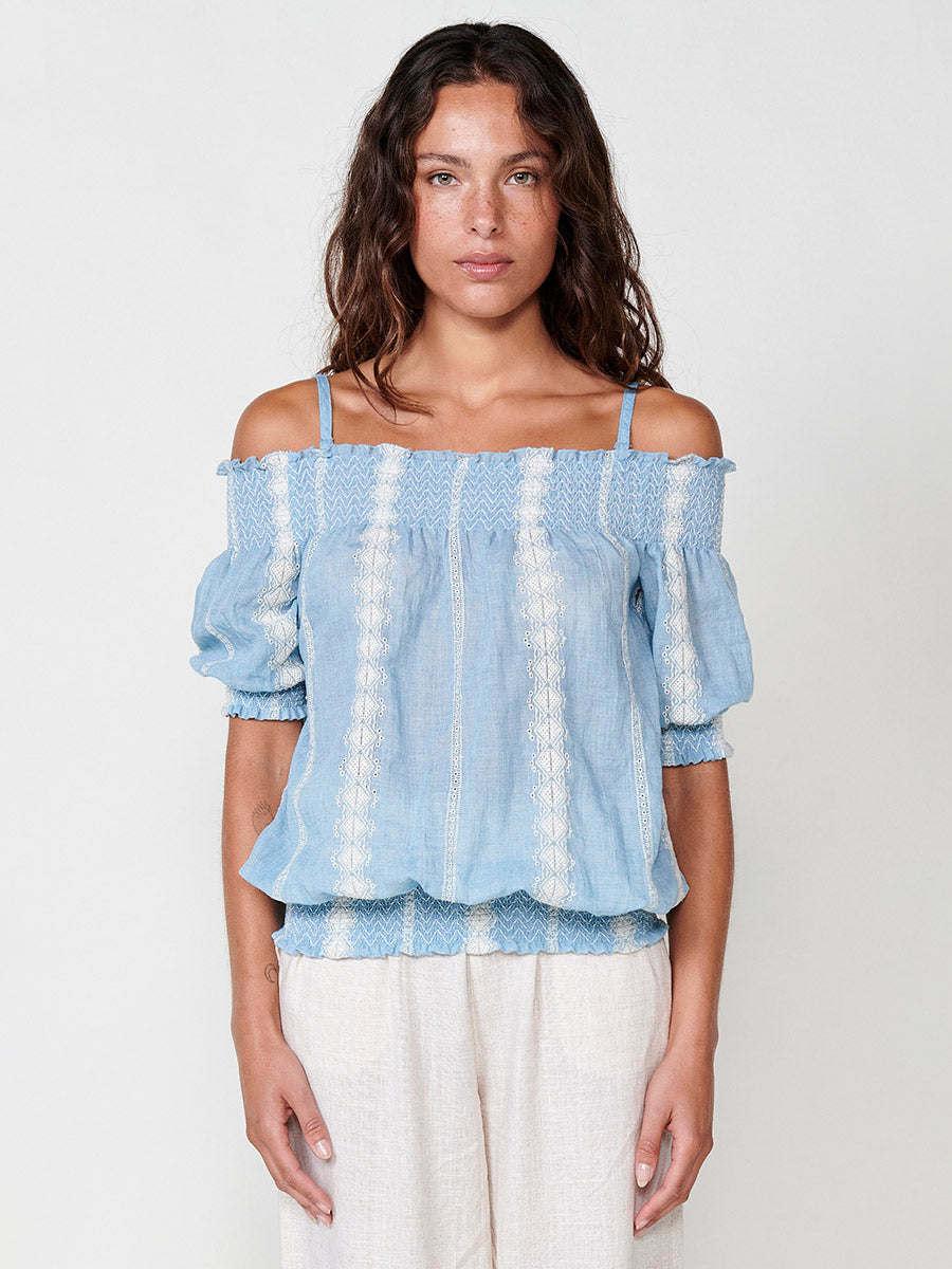 Blusa Mujer Hombros Descubiertos Bordada – Koroshi Azul