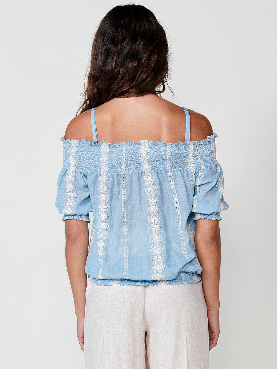 Blusa Mujer Hombros Descubiertos Bordada – Koroshi Azul