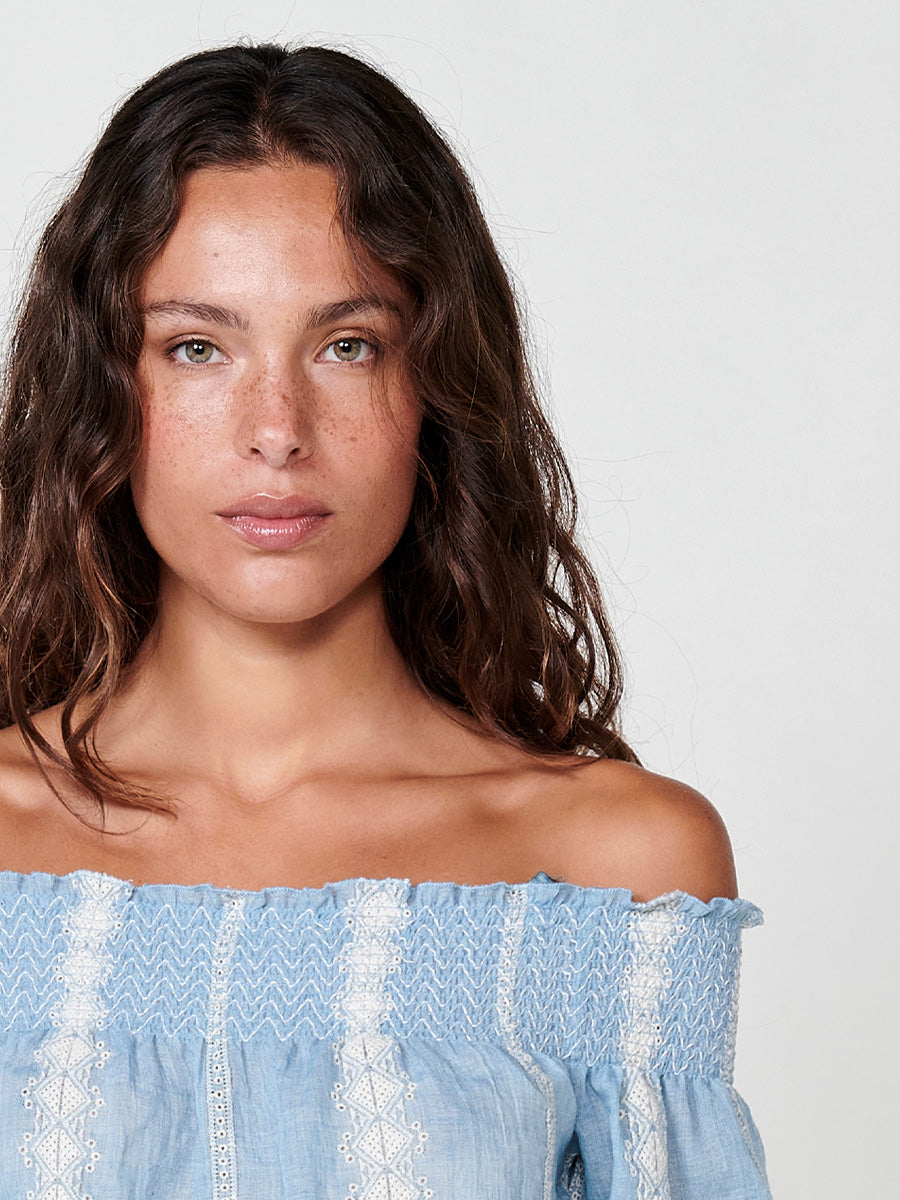 Blusa Mujer Hombros Descubiertos Bordada – Koroshi Azul