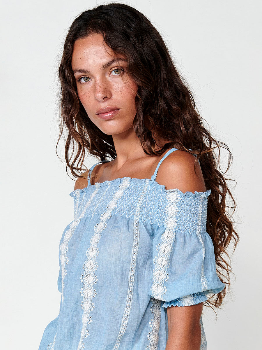 Blusa Mujer Hombros Descubiertos Bordada – Koroshi Azul