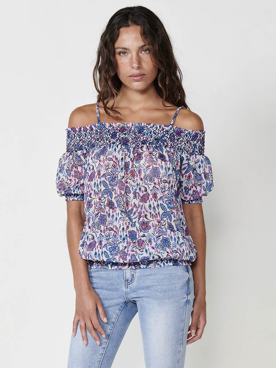 Blusa Mujer Escote Bardot Estampado Floral – Koroshi Azul