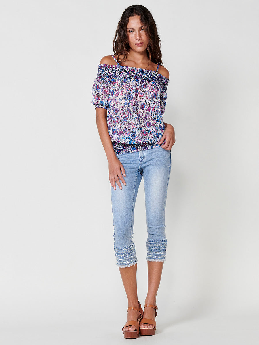 Blusa Mujer Escote Bardot Estampado Floral – Koroshi Azul