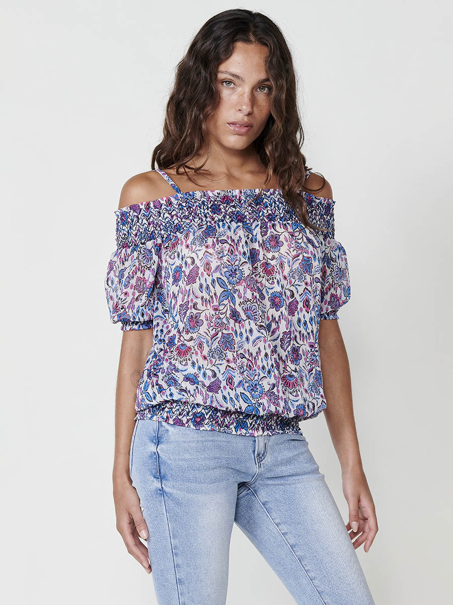 Blusa Mujer Escote Bardot Estampado Floral – Koroshi Azul