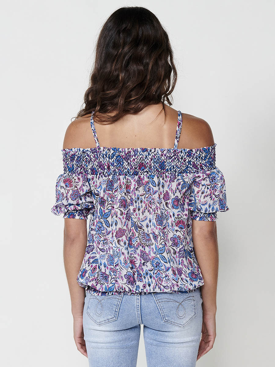 Blusa Mujer Escote Bardot Estampado Floral – Koroshi Azul