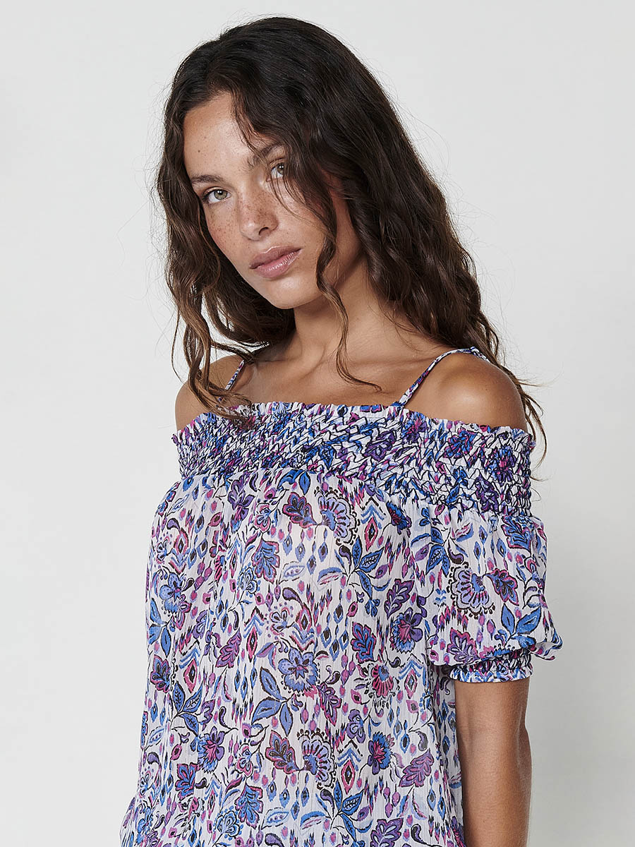 Blusa Mujer Escote Bardot Estampado Floral – Koroshi Azul