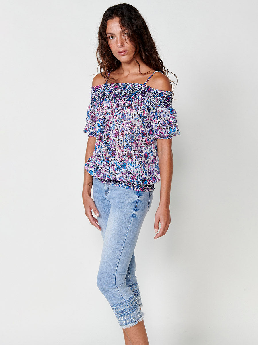 Blusa Mujer Escote Bardot Estampado Floral – Koroshi Azul