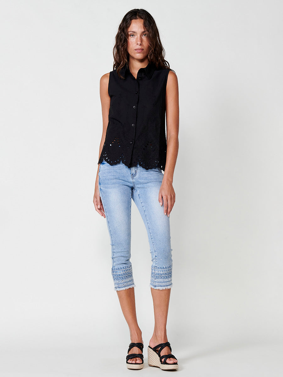 Camisa Mujer Manga Corta Algodón Bordado Floral – Koroshi Negra