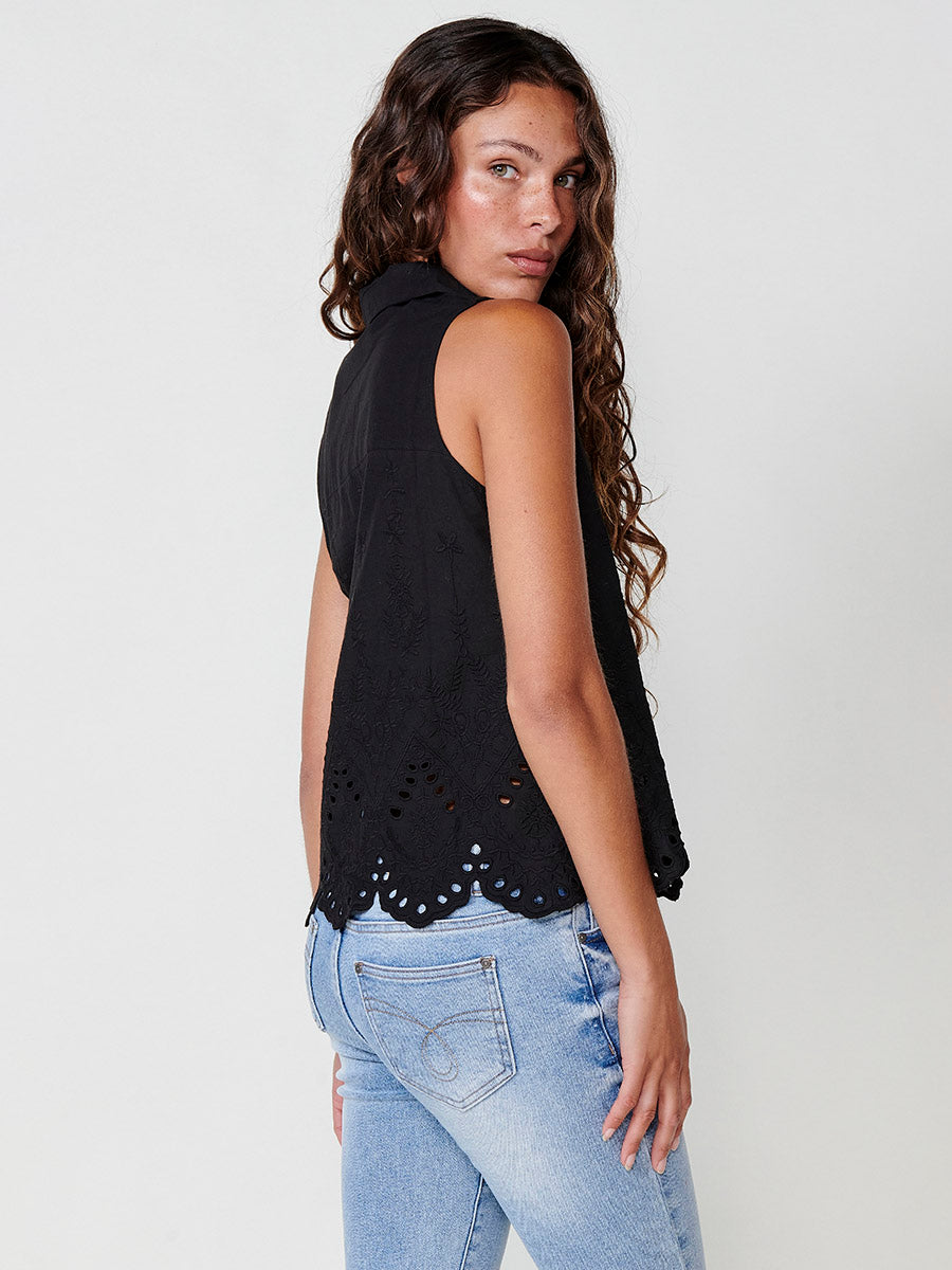 Camisa Mujer Manga Corta Algodón Bordado Floral – Koroshi Negra