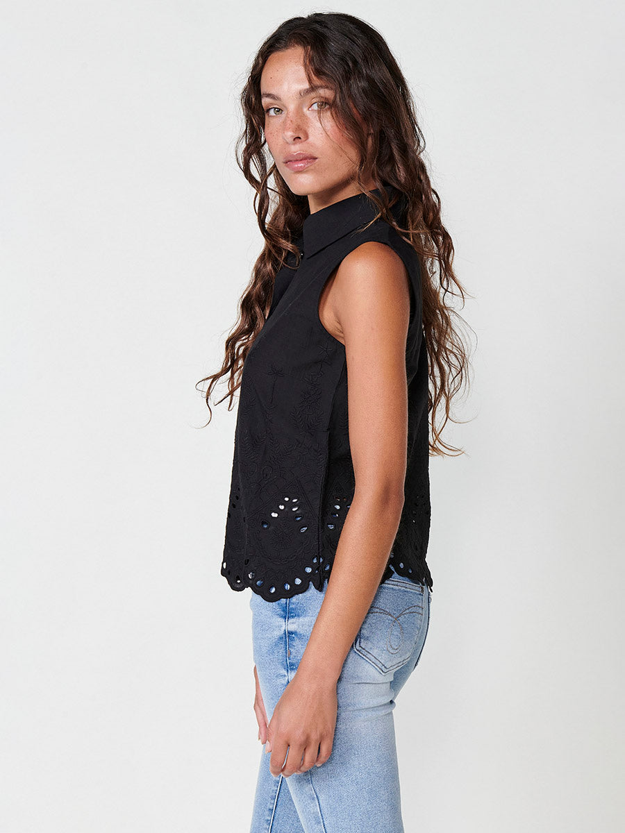 Camisa Mujer Manga Corta Algodón Bordado Floral – Koroshi Negra
