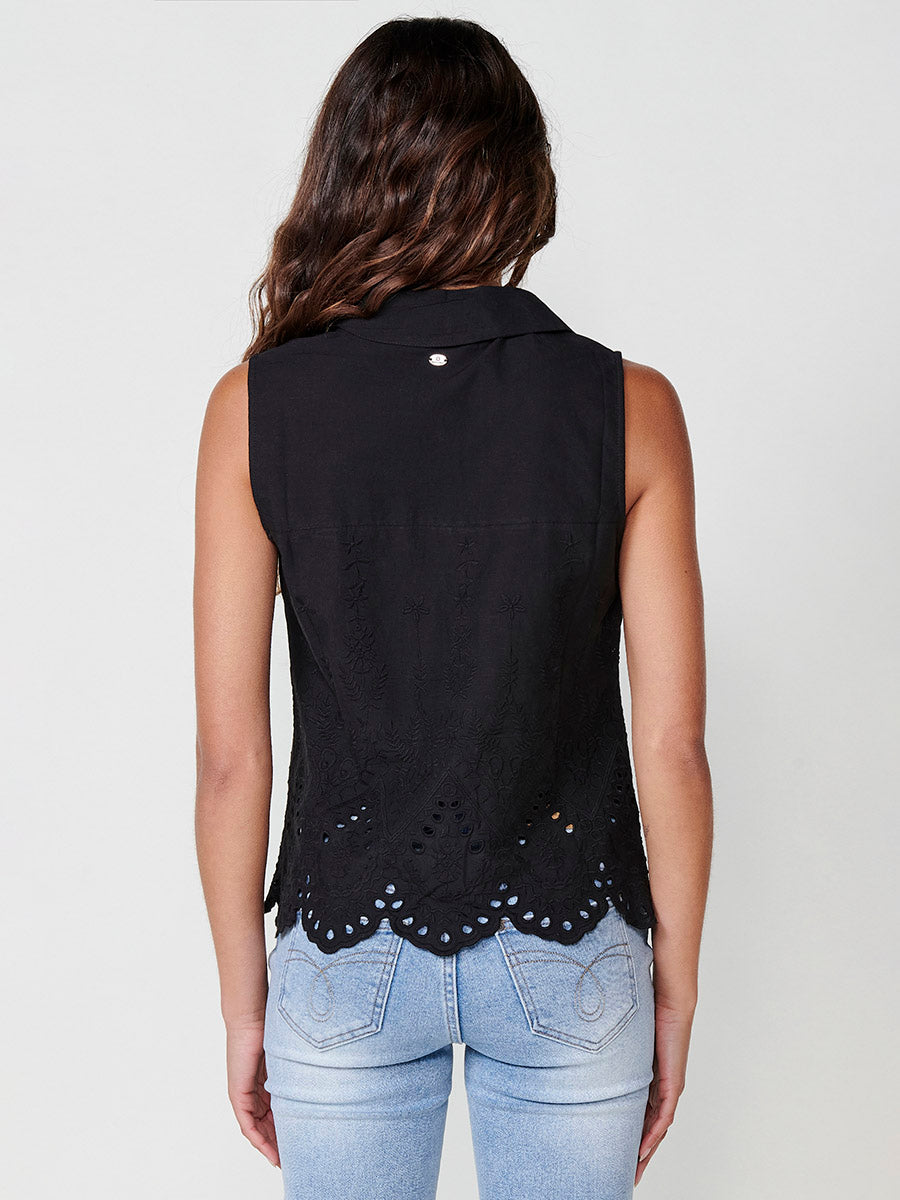 Camisa Mujer Manga Corta Algodón Bordado Floral – Koroshi Negra