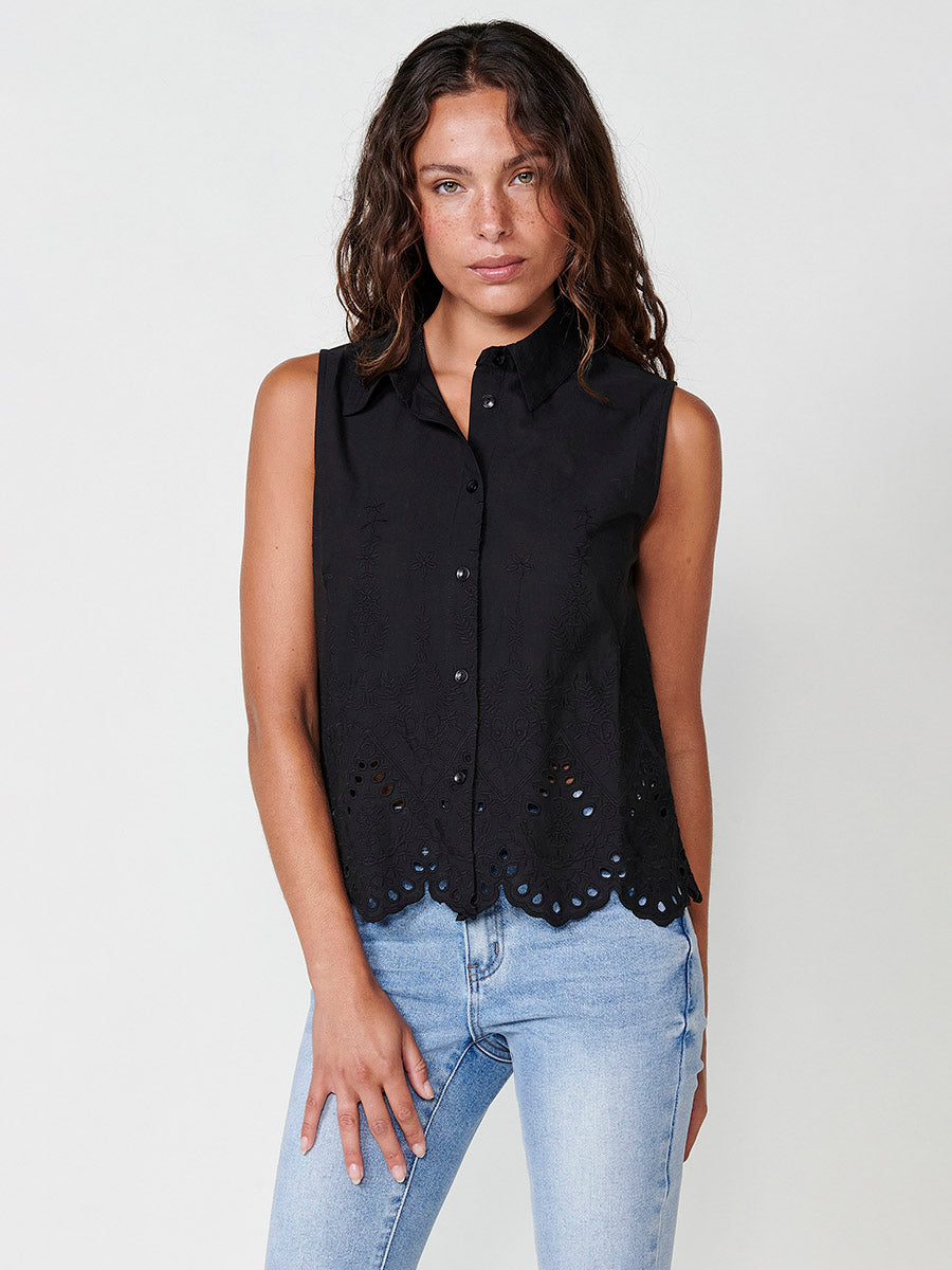 Camisa Mujer Manga Corta Algodón Bordado Floral – Koroshi Negra