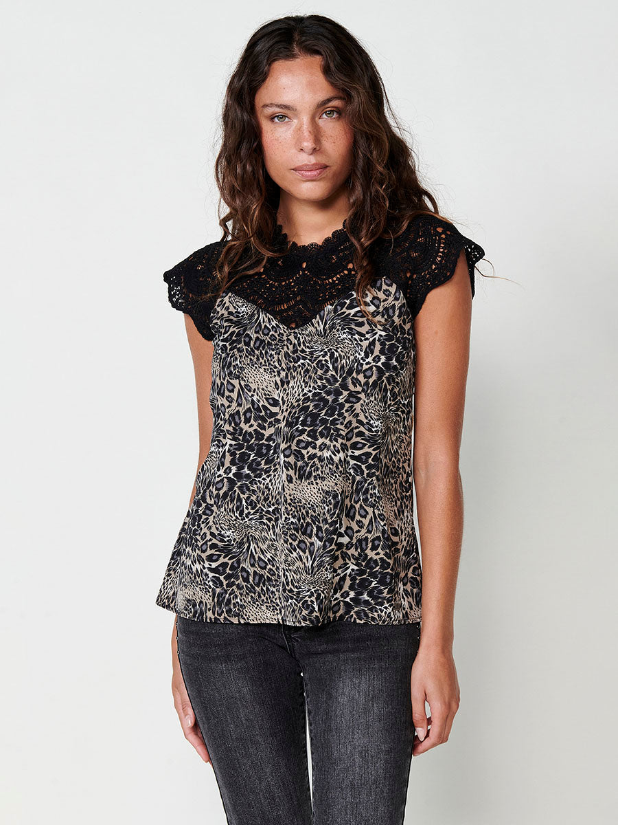 Blusa Mujer Sin Mangas Crochet Estampado Animal – Koroshi Negro