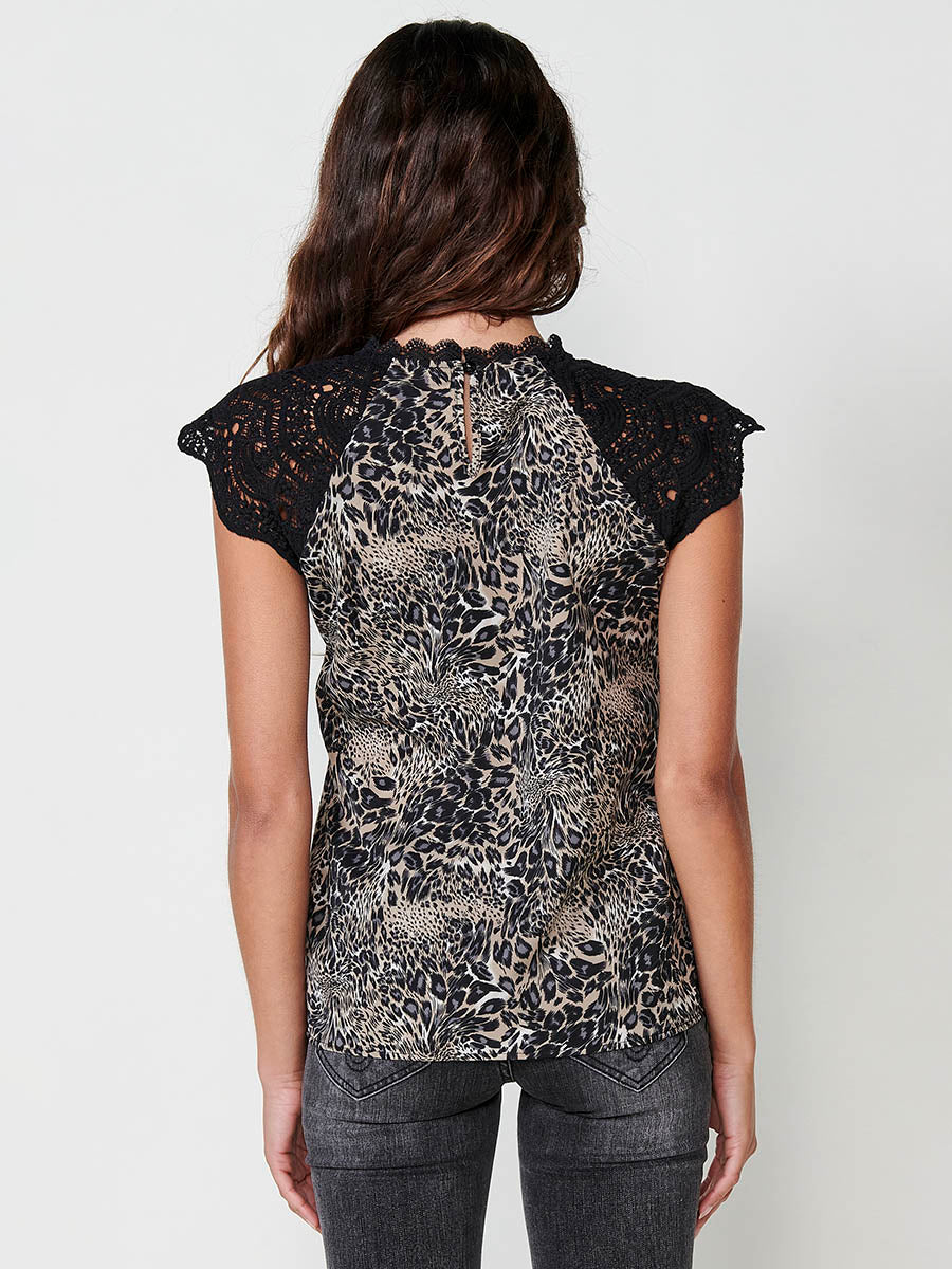 Blusa Mujer Sin Mangas Crochet Estampado Animal – Koroshi Negro