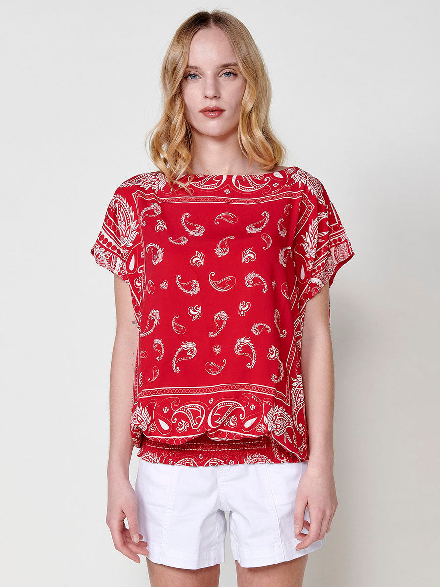 Blusa Mujer Satén Estampado Cachemir Escote Barco – Koroshi 2512BL28