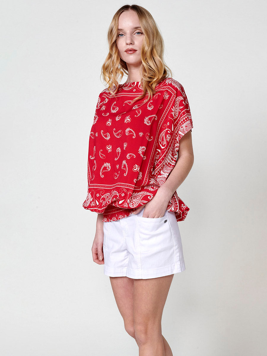 Blusa Mujer Satén Estampado Cachemir Escote Barco – Koroshi 2512BL28