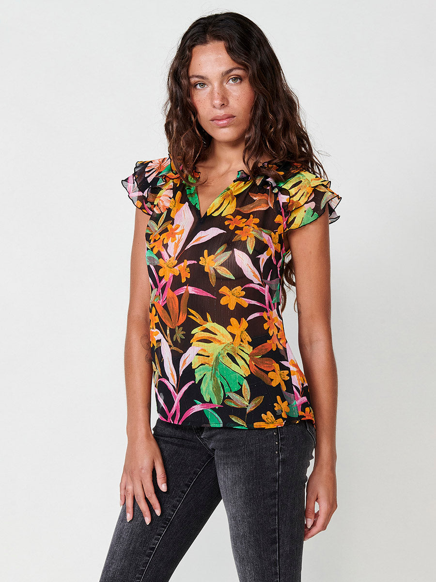 Blusa Mujer Gasa Sin Mangas Estampado Floral Negra – Koroshi 2512BL32