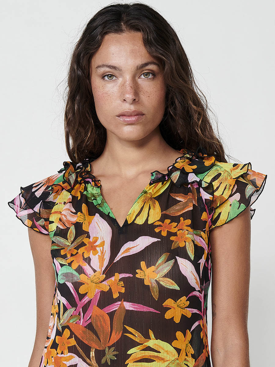 Blusa Mujer Gasa Sin Mangas Estampado Floral Negra – Koroshi 2512BL32