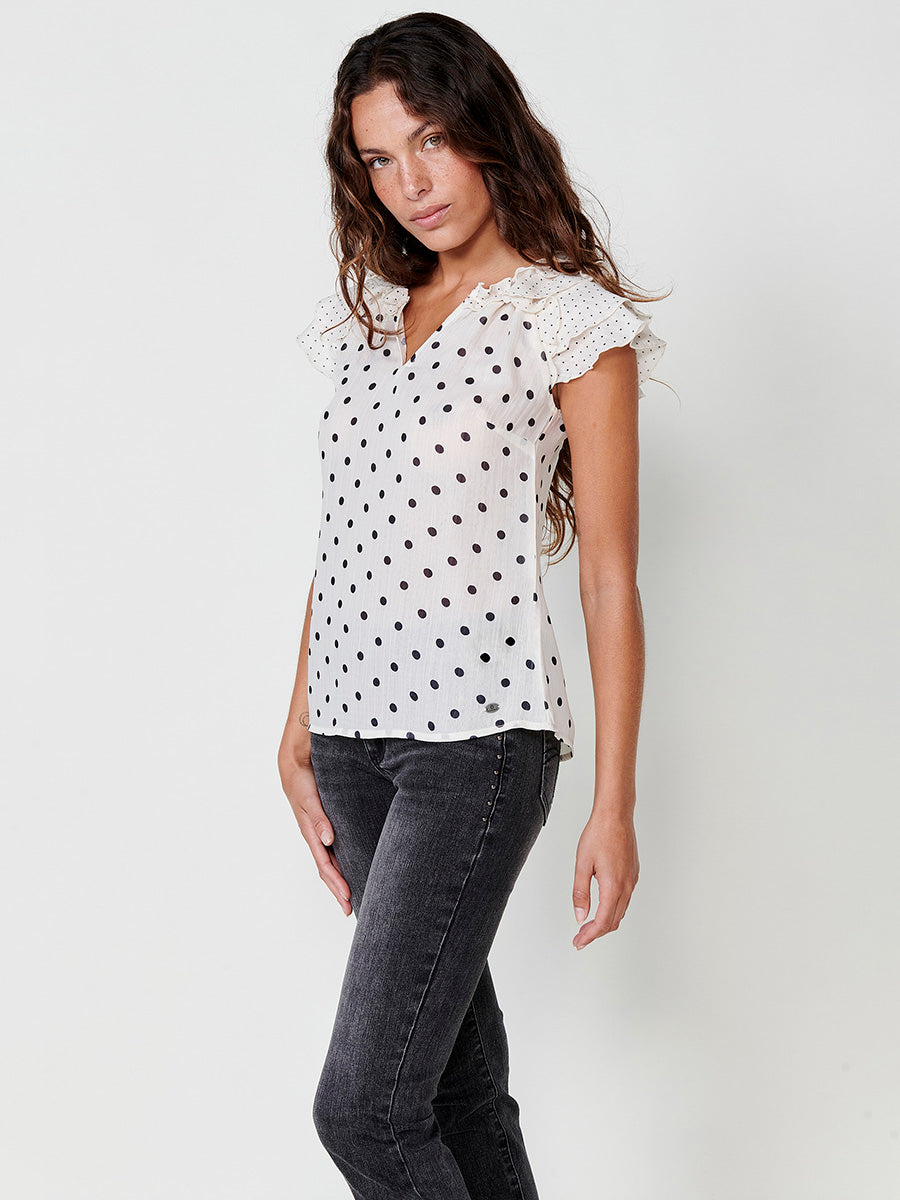 Blusa Mujer Voile Sin Mangas Estampado Topos Cruda – Koroshi 2512BL33