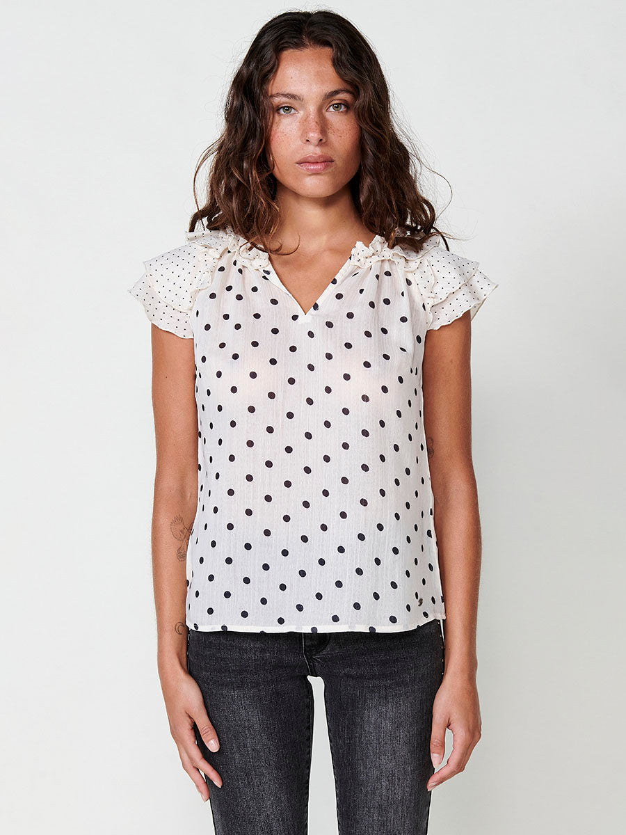 Blusa Mujer Voile Sin Mangas Estampado Topos Cruda – Koroshi 2512BL33