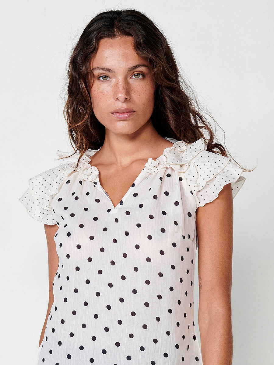 Blusa Mujer Voile Sin Mangas Estampado Topos Cruda – Koroshi 2512BL33