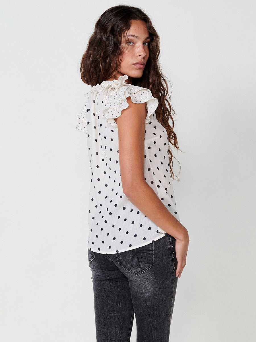 Blusa Mujer Voile Sin Mangas Estampado Topos Cruda – Koroshi 2512BL33
