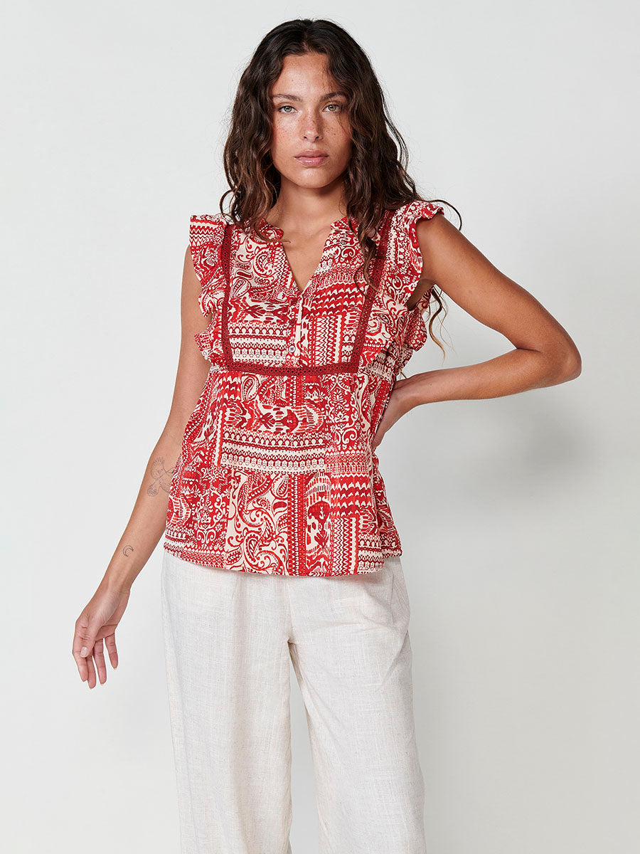Blusa Mujer Manga Volante Estampado Paisley – Koroshi Rojo
