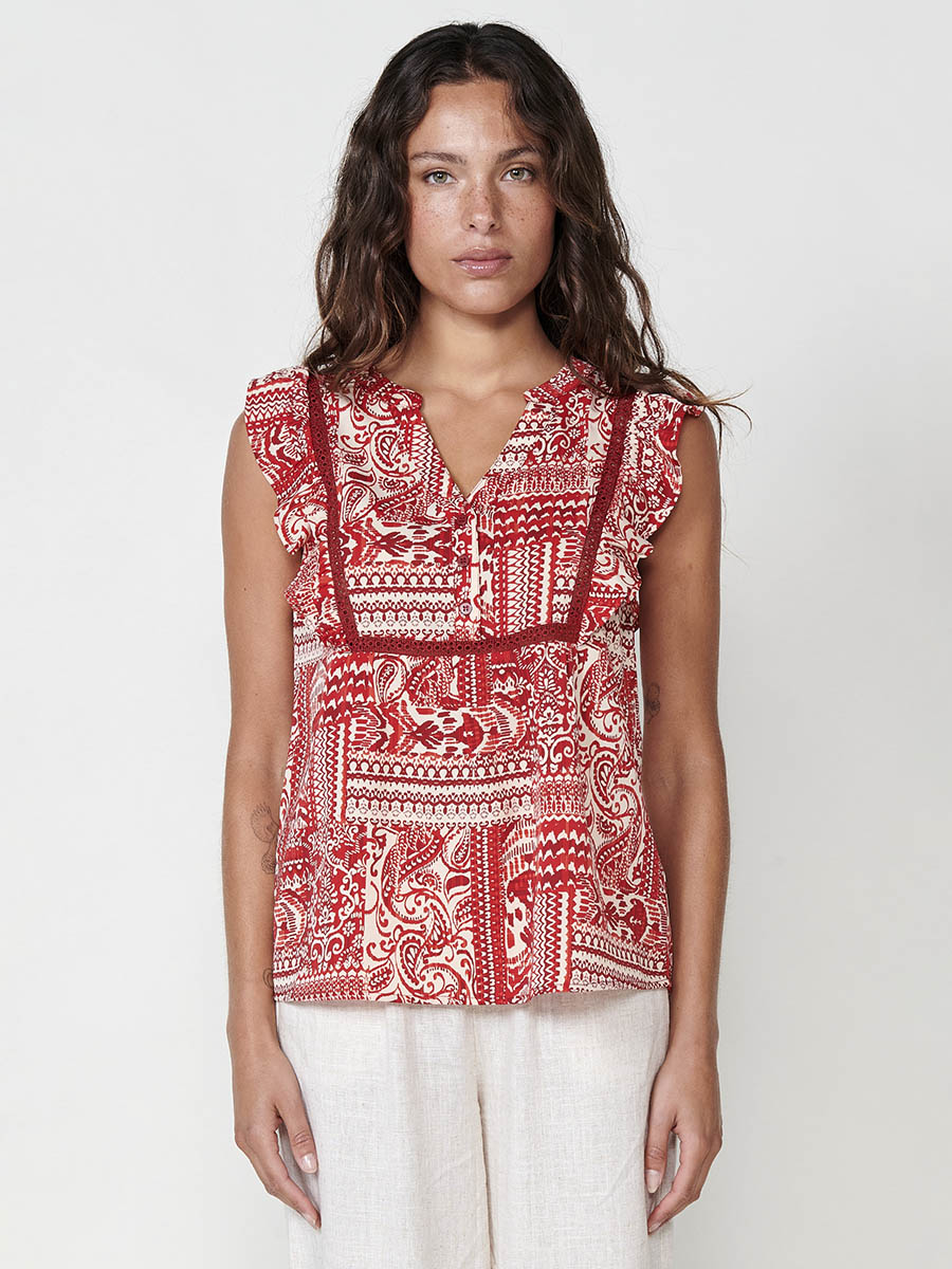 Blusa Mujer Manga Volante Estampado Paisley – Koroshi Rojo