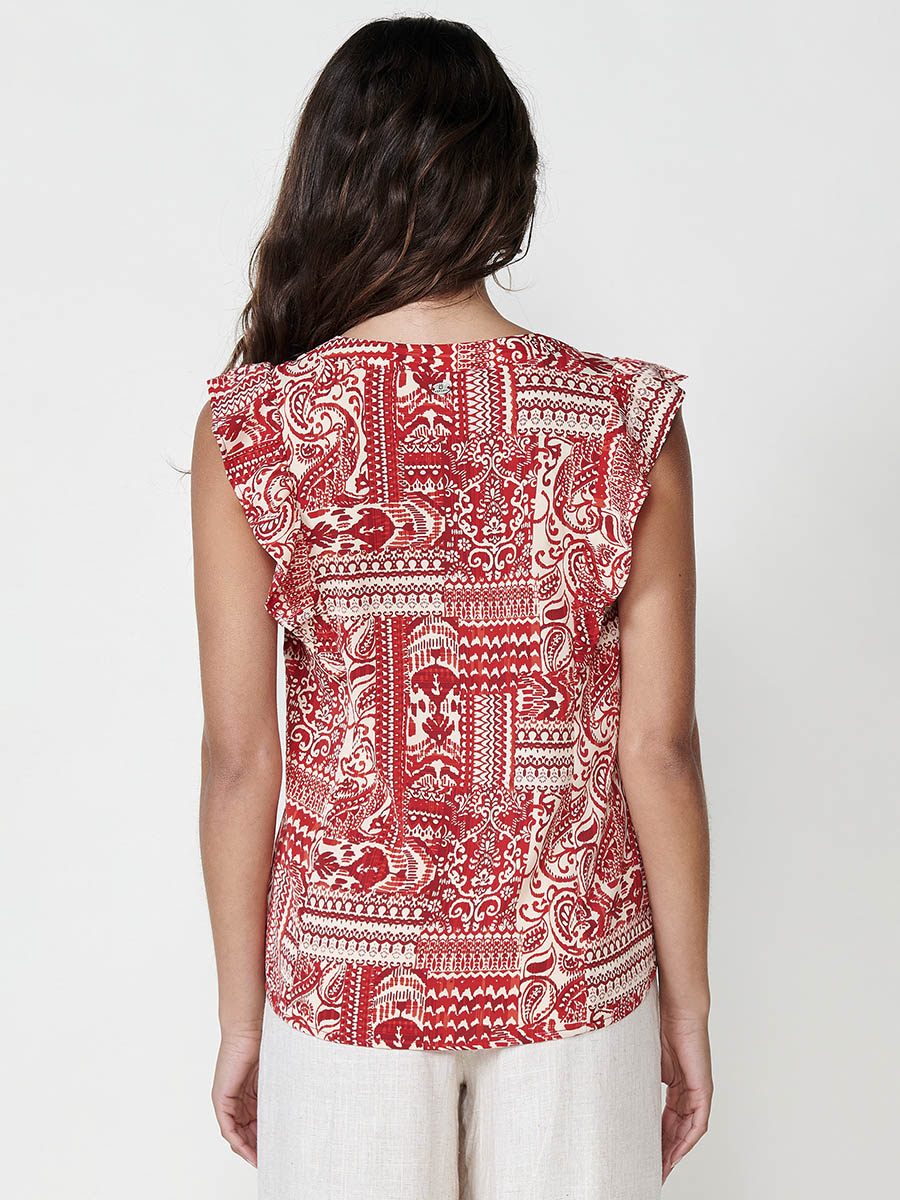 Blusa Mujer Manga Volante Estampado Paisley – Koroshi Rojo