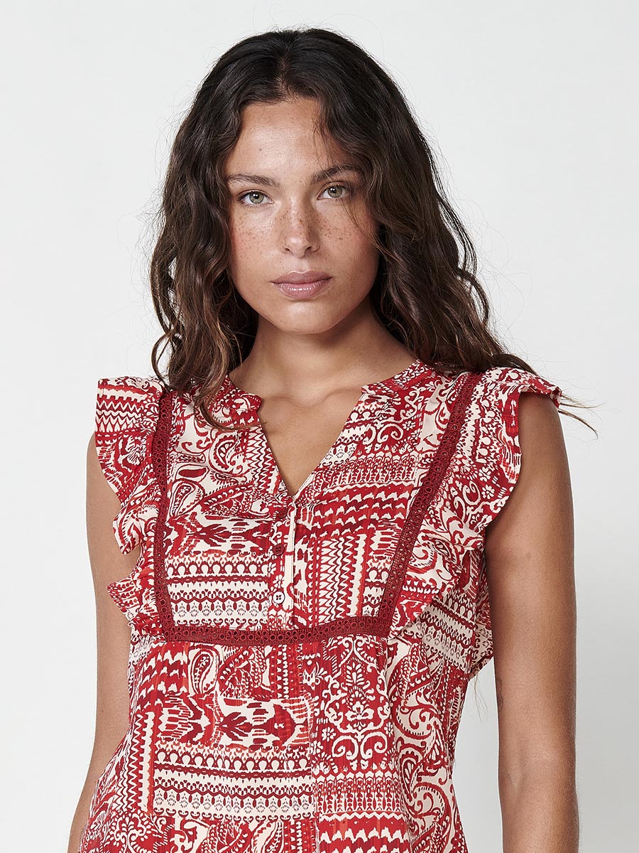 Blusa Mujer Manga Volante Estampado Paisley – Koroshi Rojo