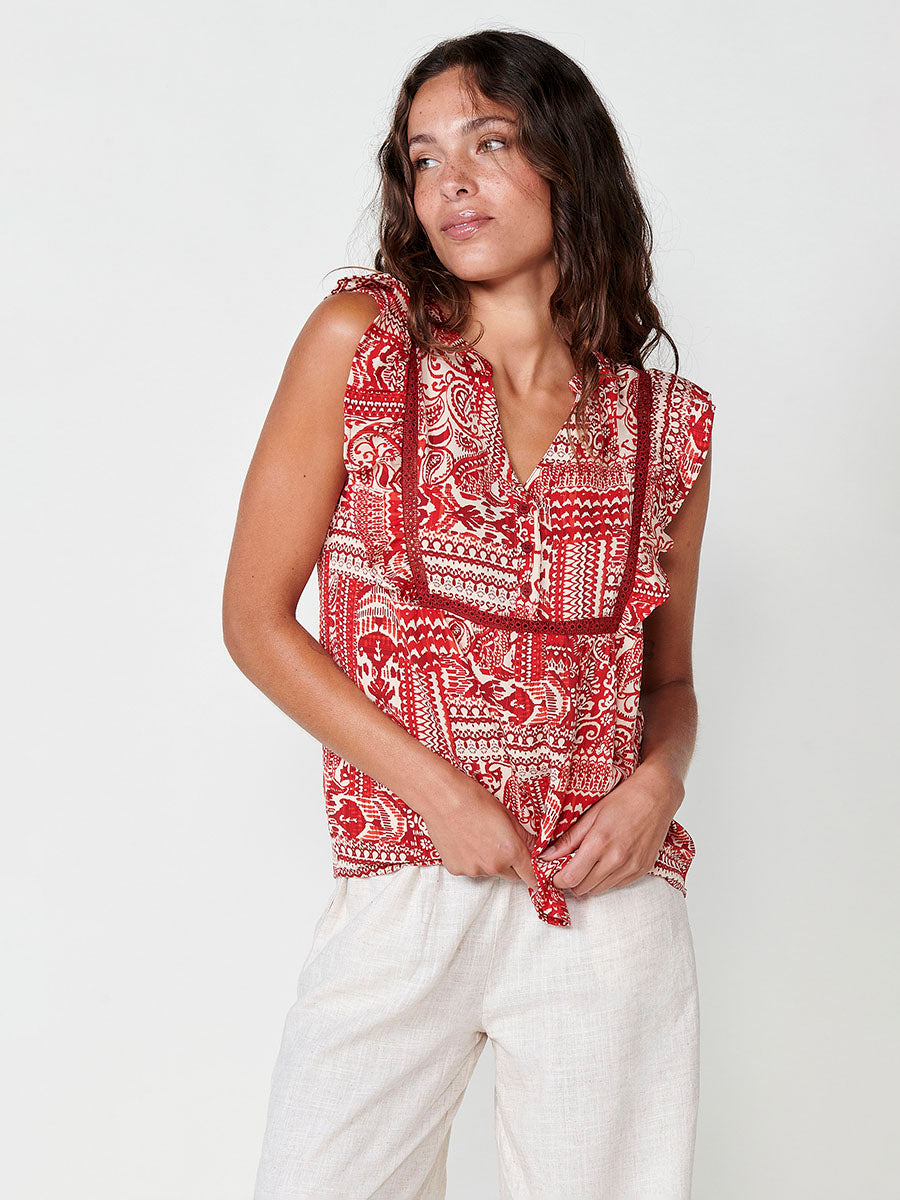 Blusa Mujer Manga Volante Estampado Paisley – Koroshi Rojo