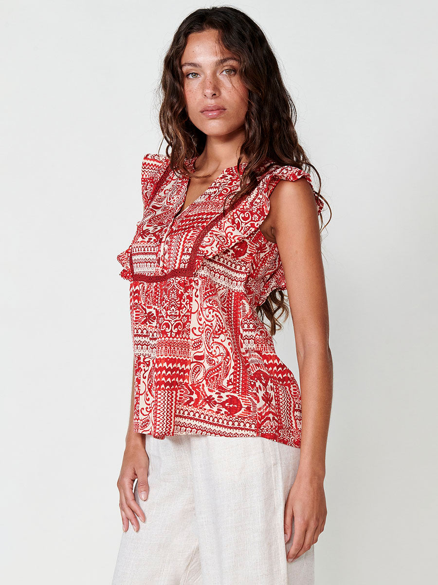 Blusa Mujer Manga Volante Estampado Paisley – Koroshi Rojo