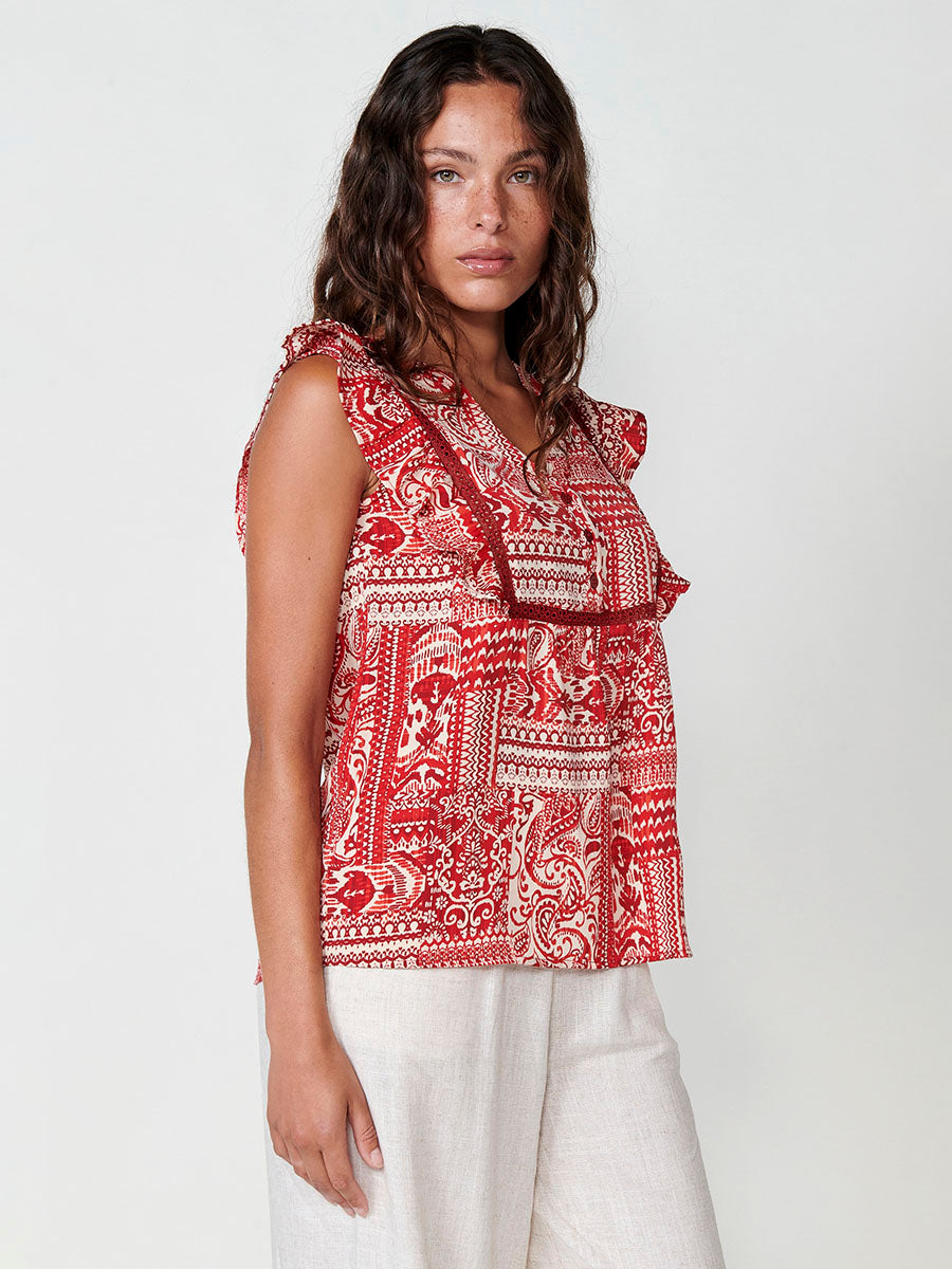Blusa Mujer Manga Volante Estampado Paisley – Koroshi Rojo