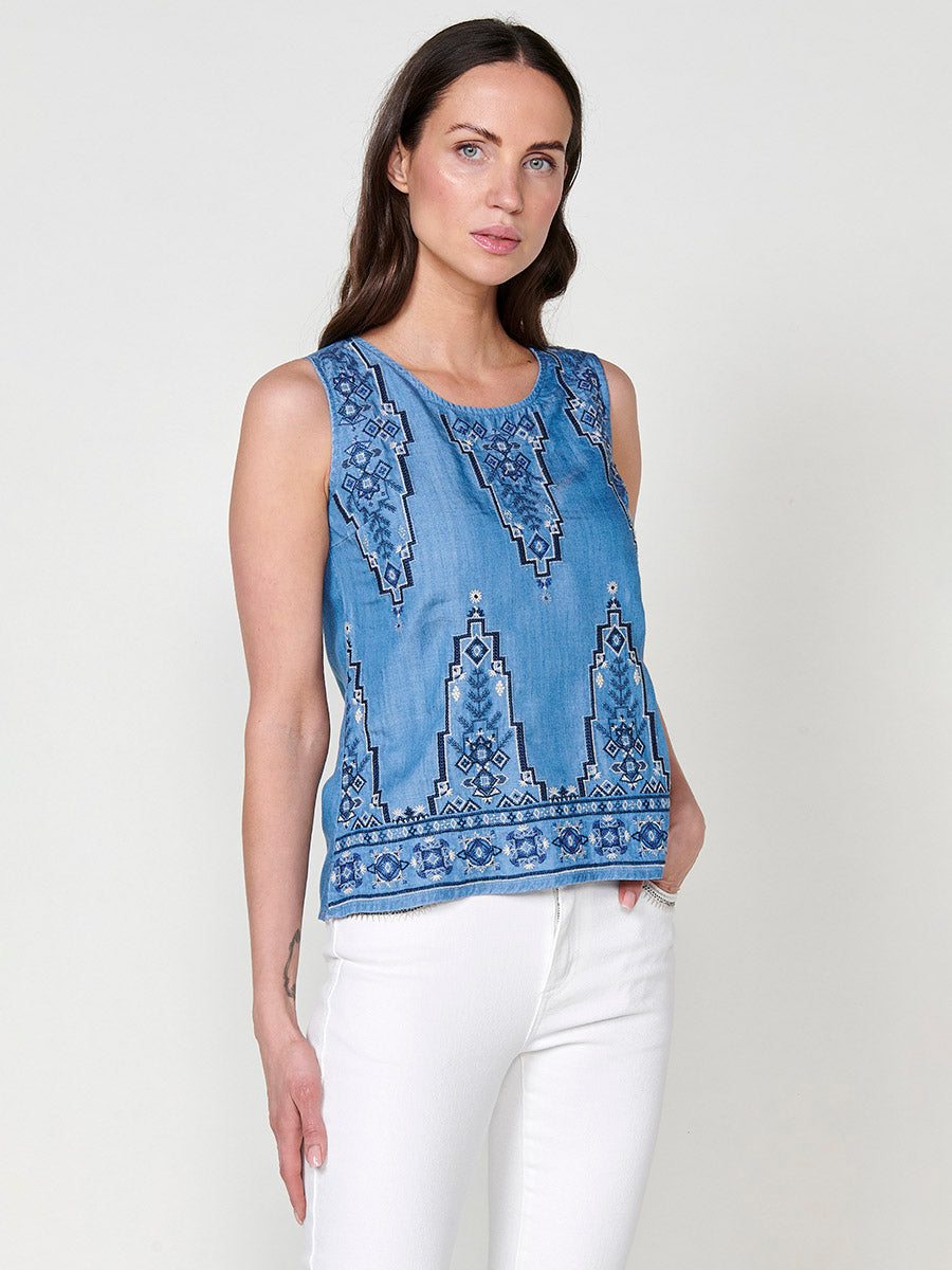 Blusa Mujer Efecto Denim Bordado Étnico – Koroshi Azul Medio