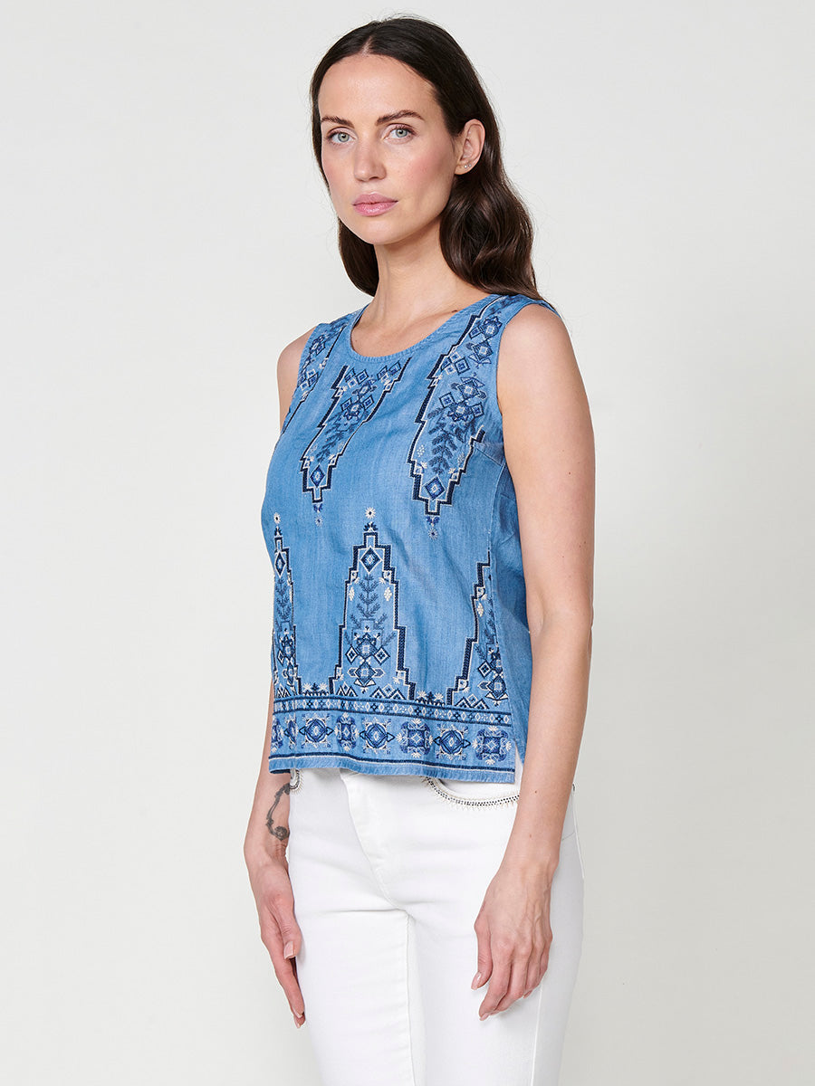 Blusa Mujer Efecto Denim Bordado Étnico – Koroshi Azul Medio