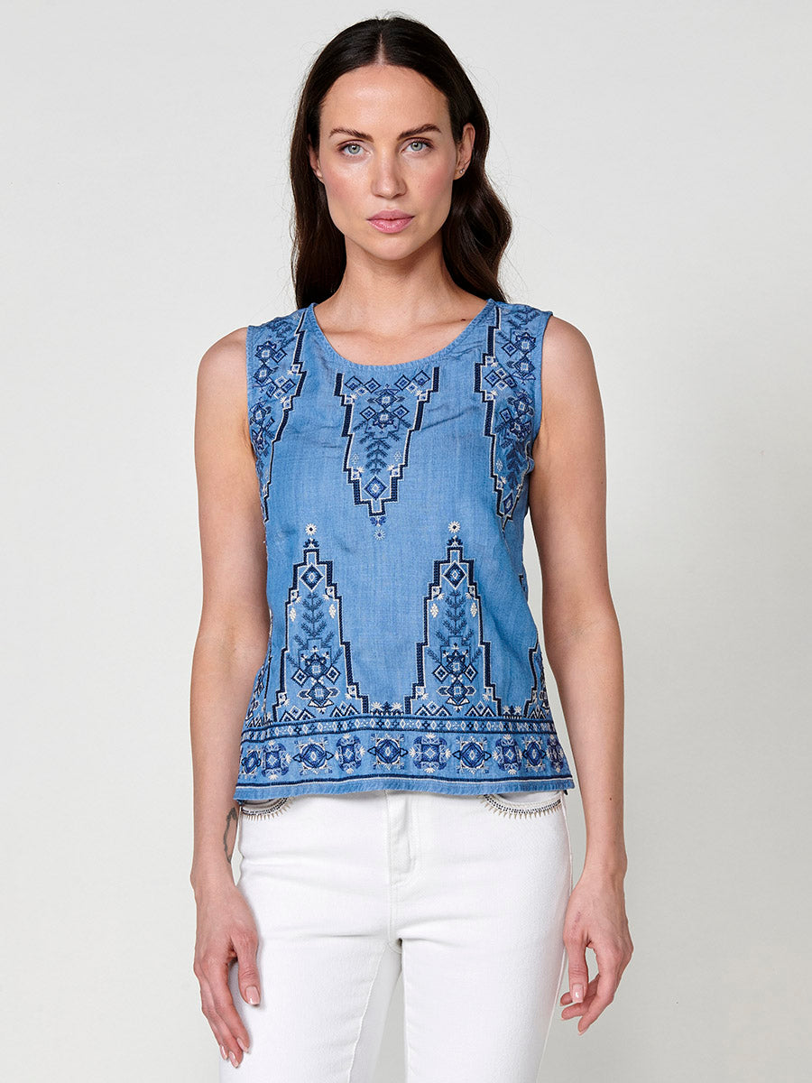 Blusa Mujer Efecto Denim Bordado Étnico – Koroshi Azul Medio