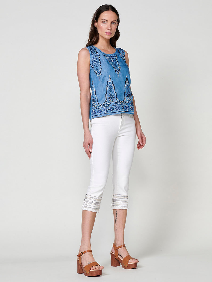 Blusa Mujer Efecto Denim Bordado Étnico – Koroshi Azul Medio