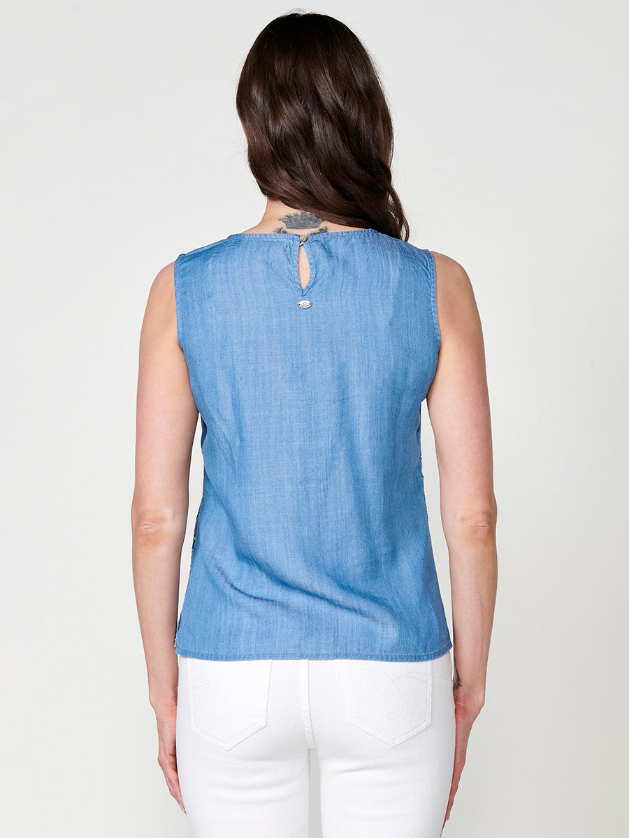 Blusa Mujer Efecto Denim Bordado Étnico – Koroshi Azul Medio
