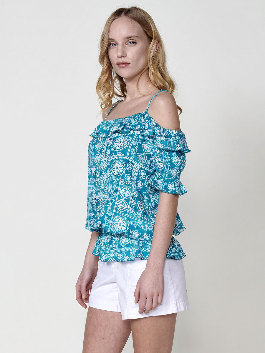 Blusa Mujer Hombro Descubierto Manga Abullonada – Koroshi Turquesa