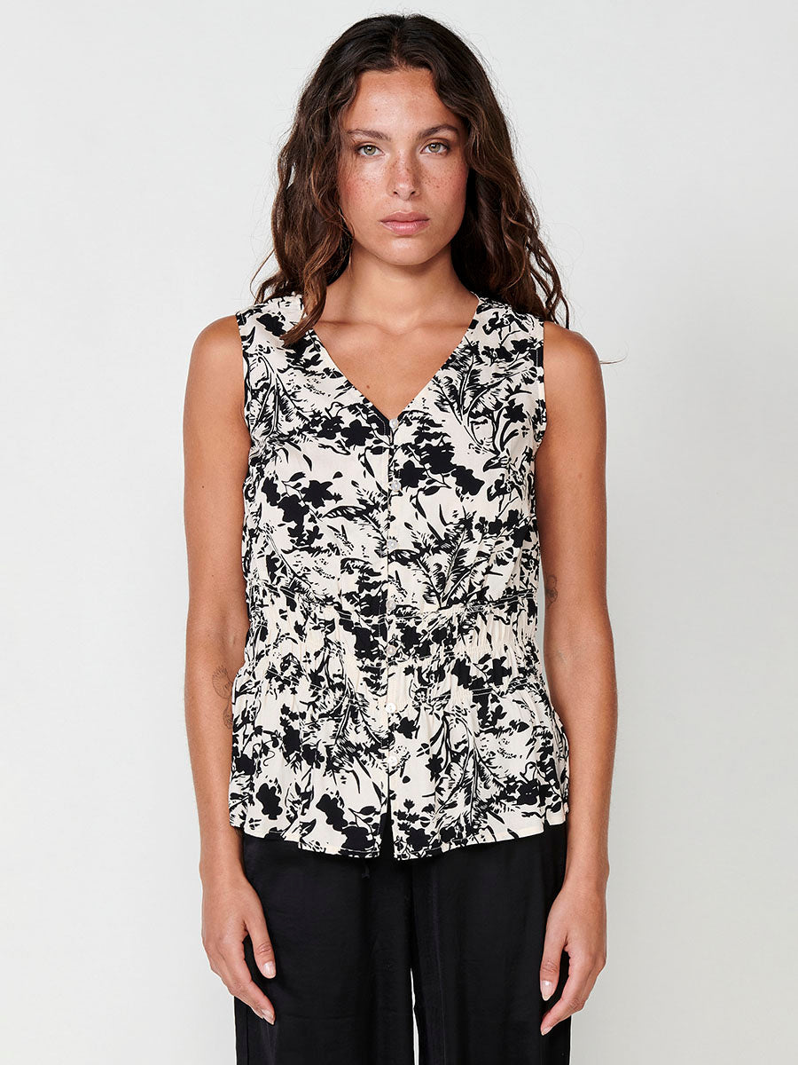 Blusa Mujer Sin Mangas Estampado Floral Escote Pico – Koroshi Blanca